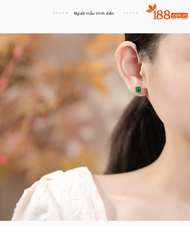 Bông tai bạc S925 hình vuông dát đá tự nhiên phong cách cổ điển — Một cặp chi tiết 4