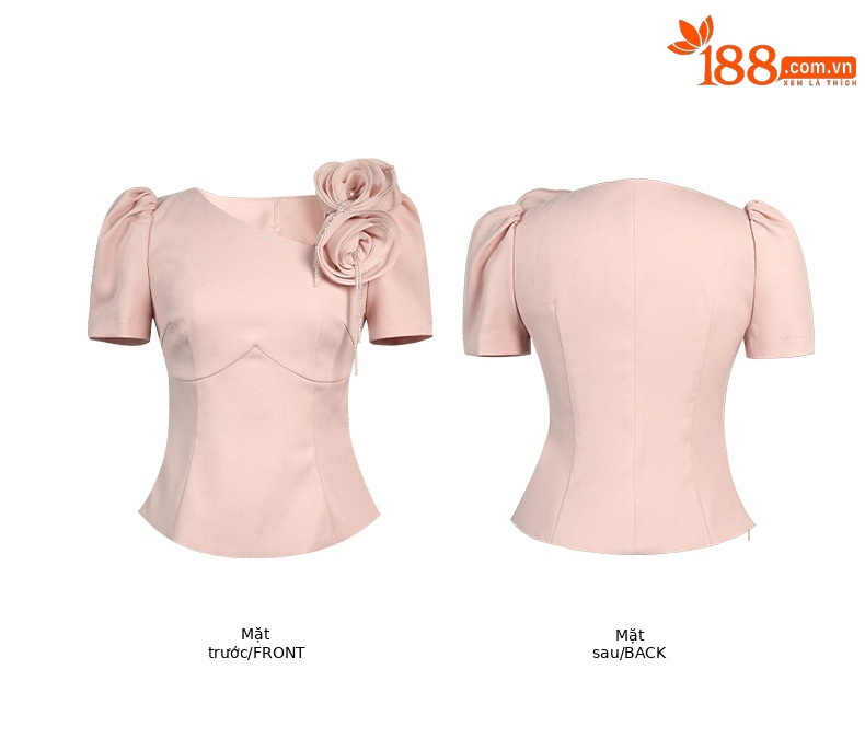 Áo kiểu nữ tay ngắn ôm dáng thiết kế hoa nổi 3D phong cách Pháp — màu hồng chi tiết 4