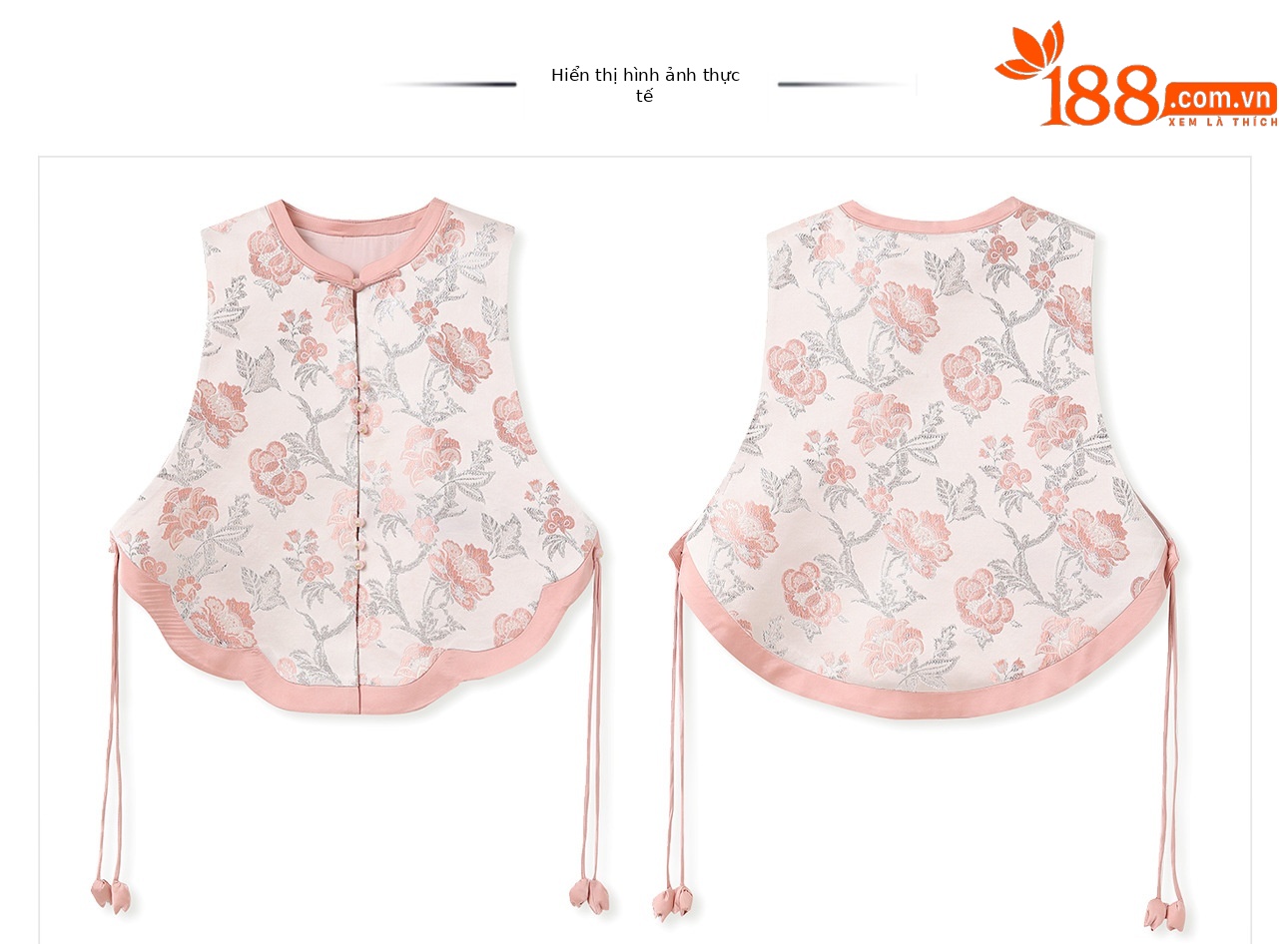 Bộ áo vest không tay và chân váy phong cách Trung Hoa dệt hoa lụa bạc N8065 — áo ghi lê, váy hồng chi tiết 15