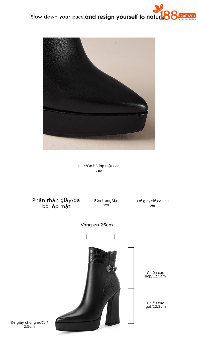 Boot nữ cổ thấp mũi nhọn da bò cao cấp gót siêu cao đế dày mùa thu đông — nâu, màu đen chi tiết 3