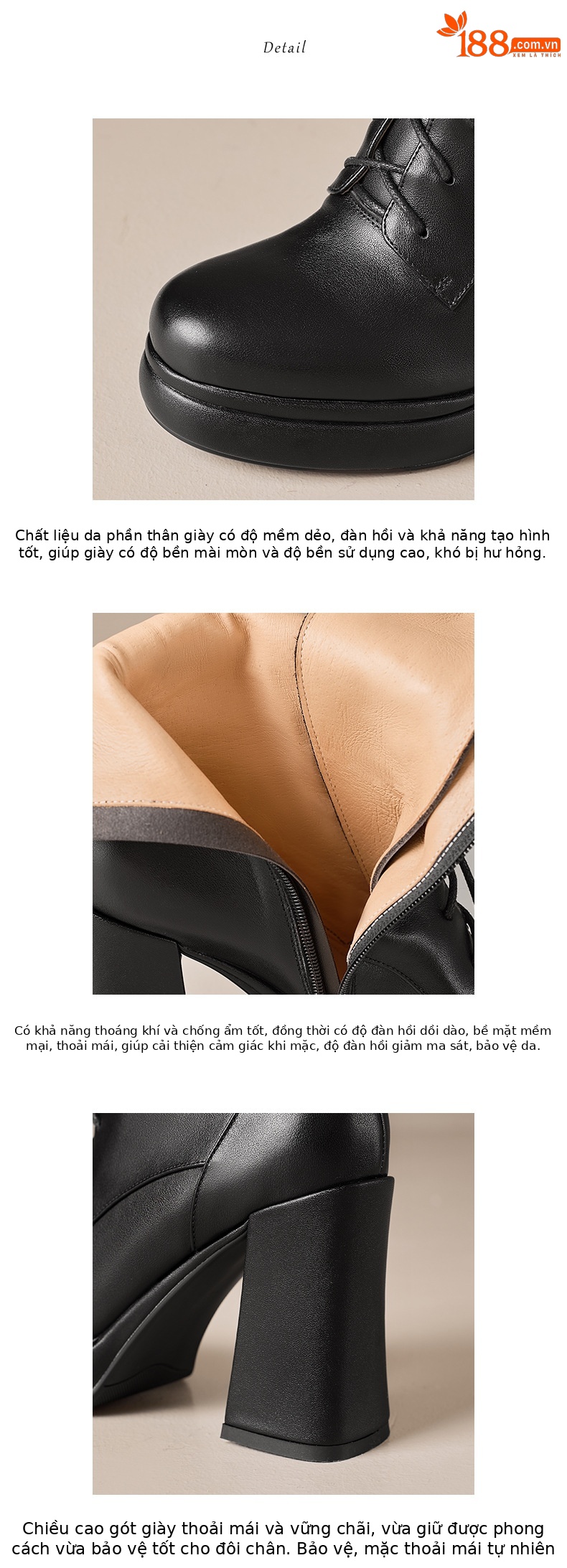 Giày boot nữ da thật cổ ngắn dây buộc gót vuông 10 cm đế dày mùa thu đông — màu đen, Màu trắng nhạt chi tiết 4