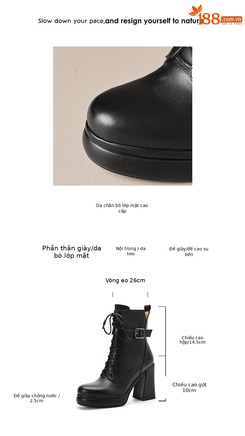 Giày boot nữ da thật cổ ngắn dây buộc gót vuông 10 cm đế dày mùa thu đông — màu đen, Màu trắng nhạt chi tiết 3