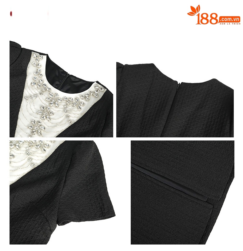 Đầm ôm body nữ thiết kế đính kim cương eo xù lông giả hai mảnh — màu đen chi tiết 3