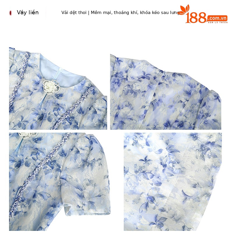 Đầm maxi nữ thắt eo cổ tròn đính kim cương giả họa tiết in phong cách Pháp — màu xanh chi tiết 2