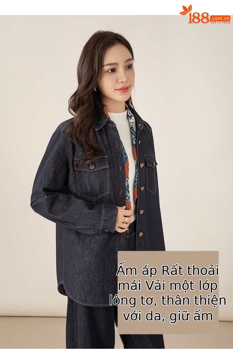 Áo sơ mi denim lông cừu Xinge dáng rộng nữ mùa đông phong cách muối — màu xanh denim chi tiết 14