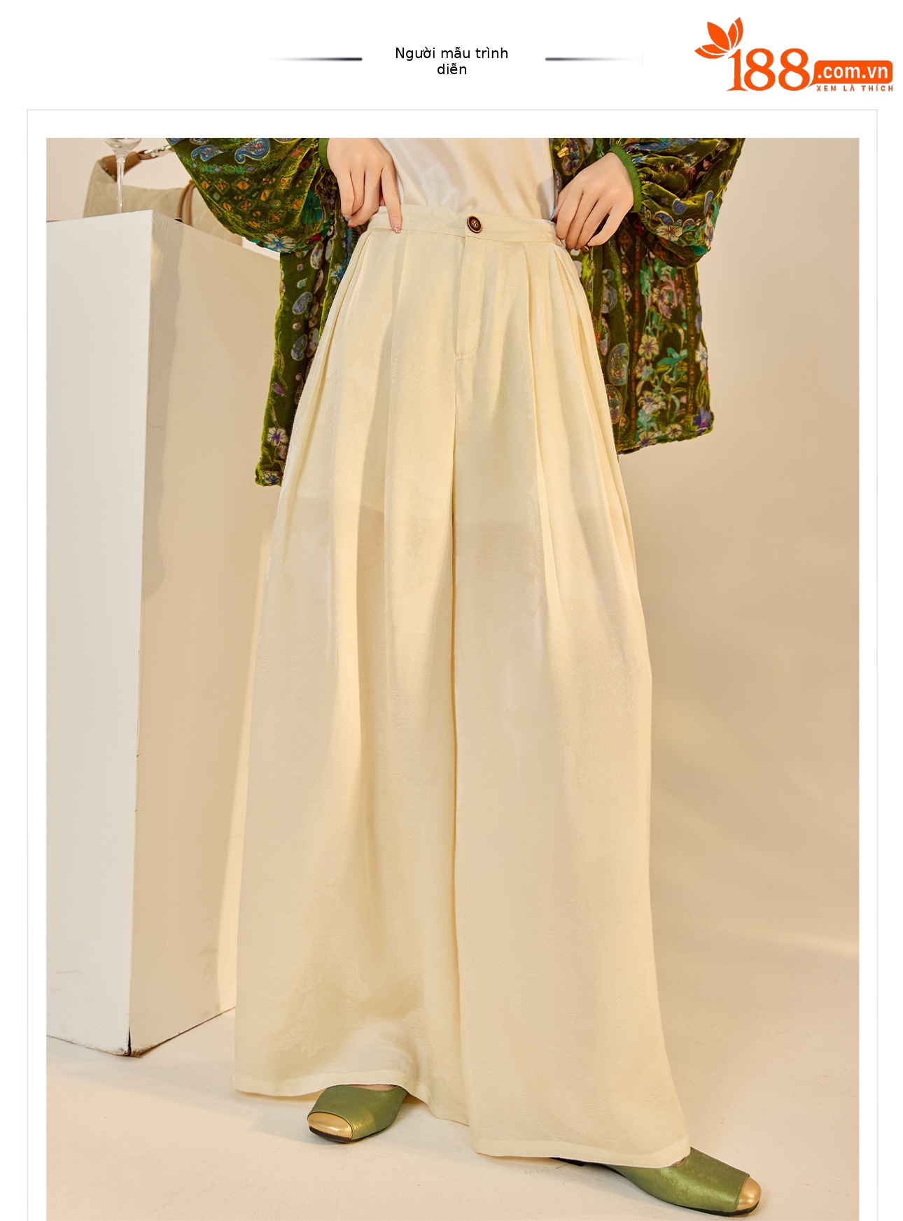 Quần ống rộng nữ phong cách Trung Hoa mới, chất rayon dệt vàng satin rủ — đen, Màu trắng nhạt, màu vàng chi tiết 1