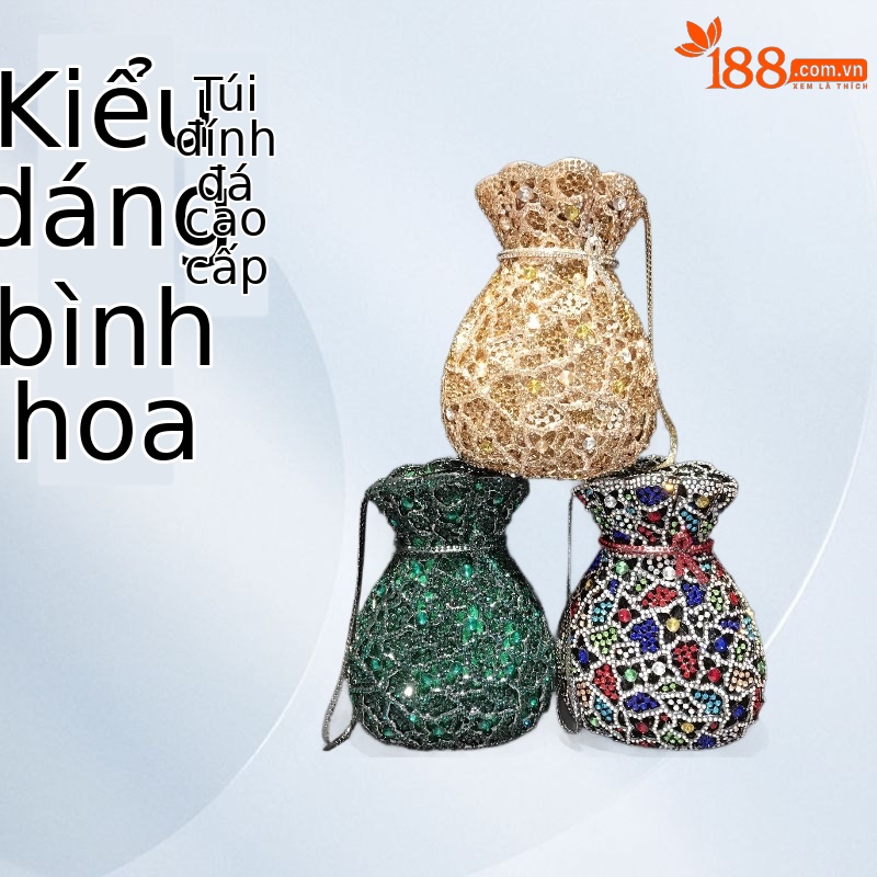 Túi clutch nữ đính kim cương thủ công họa tiết bình hoa phong cách châu Âu — màu xanh lá cây, màu đen, màu nâu vàng, màu vàng