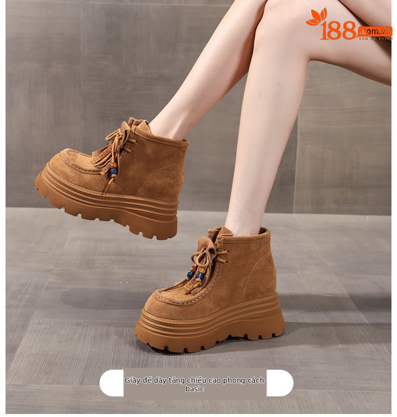 Boot nữ cổ ngắn tăng chiều cao đế dày phong cách Anh — nâu chi tiết 1