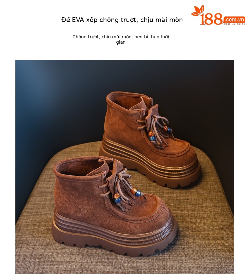 Boot nữ cổ ngắn tăng chiều cao đế dày phong cách Anh — nâu chi tiết 10
