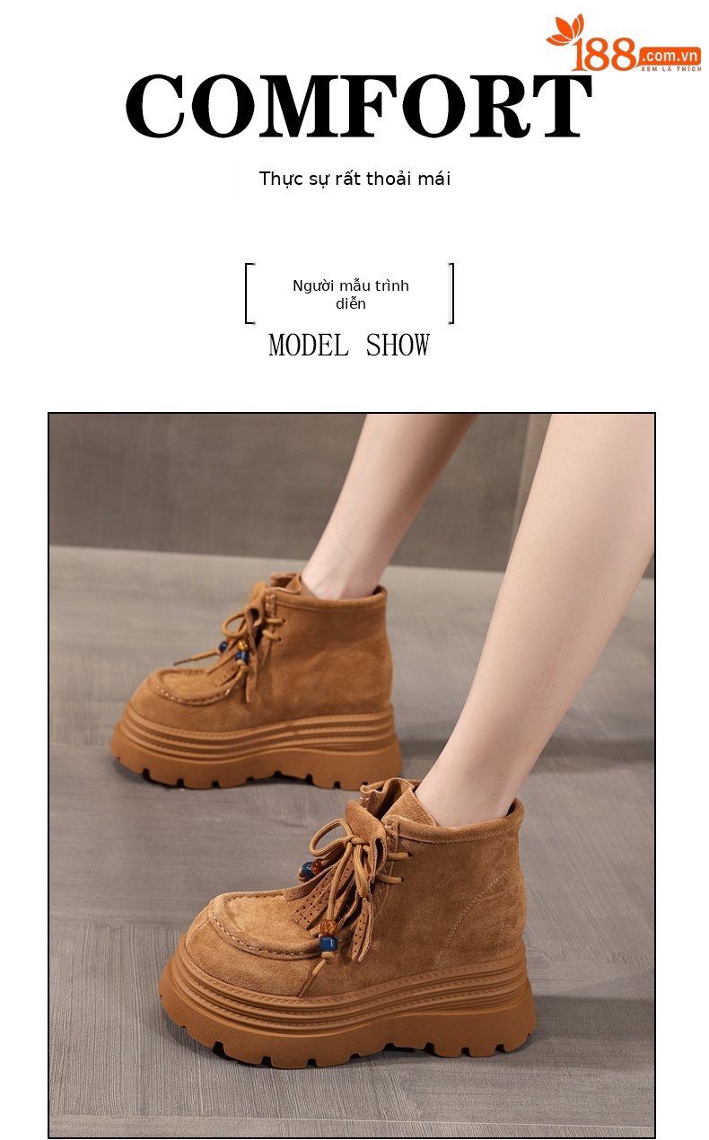 Boot nữ cổ ngắn tăng chiều cao đế dày phong cách Anh — nâu chi tiết 11