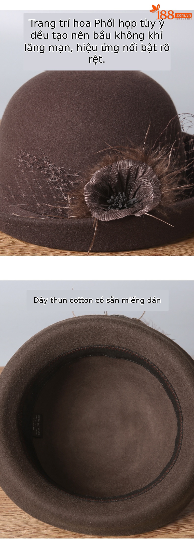 Mũ len nữ kiểu Pháp rộng vành trang trí hoa lưới thanh lịch — cơm trộn chi tiết 3