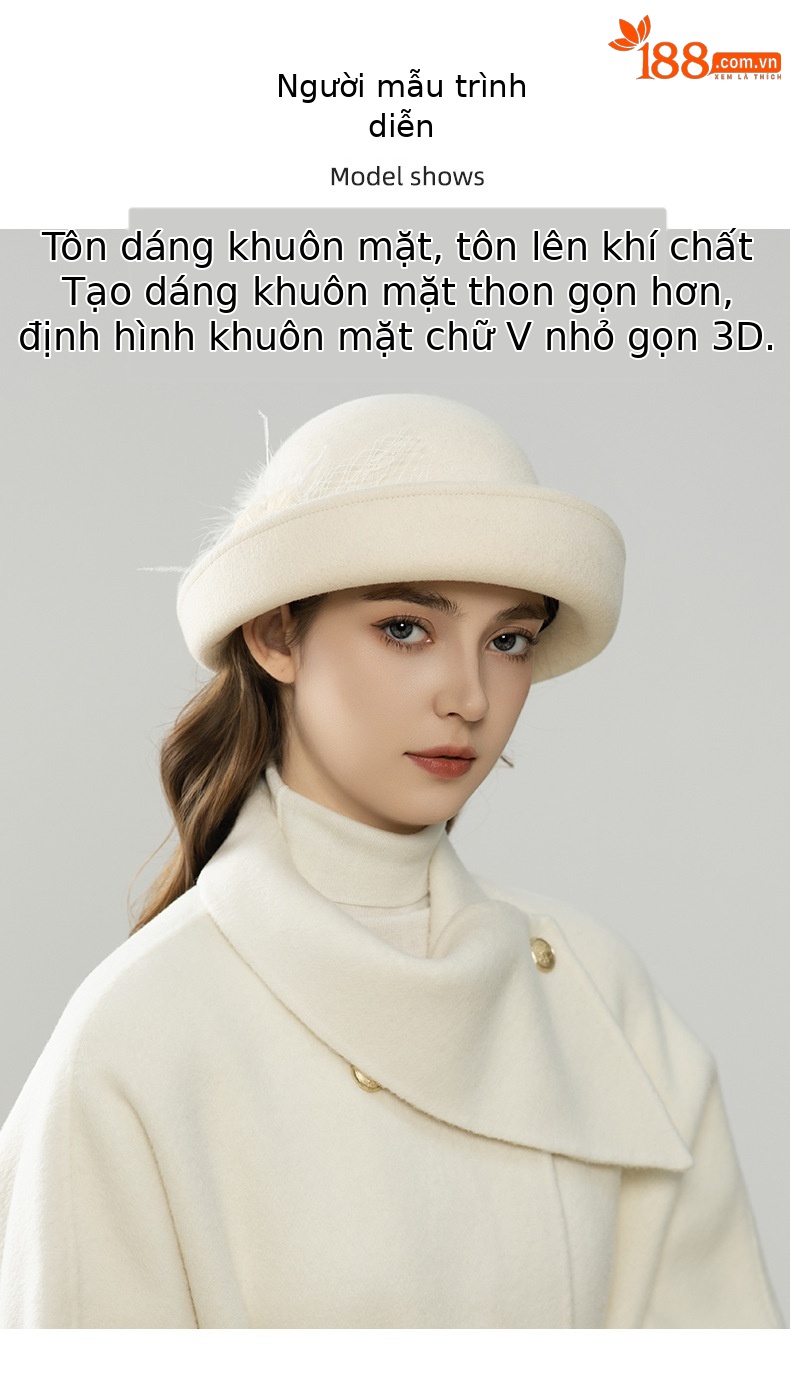 Mũ len nữ kiểu Pháp rộng vành trang trí hoa lưới thanh lịch — cơm trộn chi tiết 4