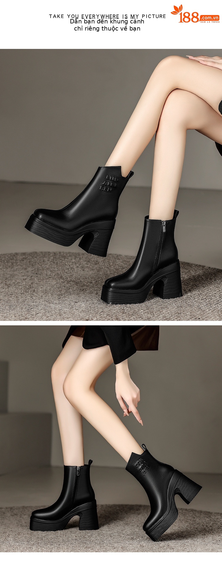 Boot cổ thấp da bò tăng chiều cao đế dày mũi vuông gót vuông nữ — Lớp lót đơn màu be, nhung đen, Lớp lót nhung màu be, Màu đen một lớp chi tiết 5