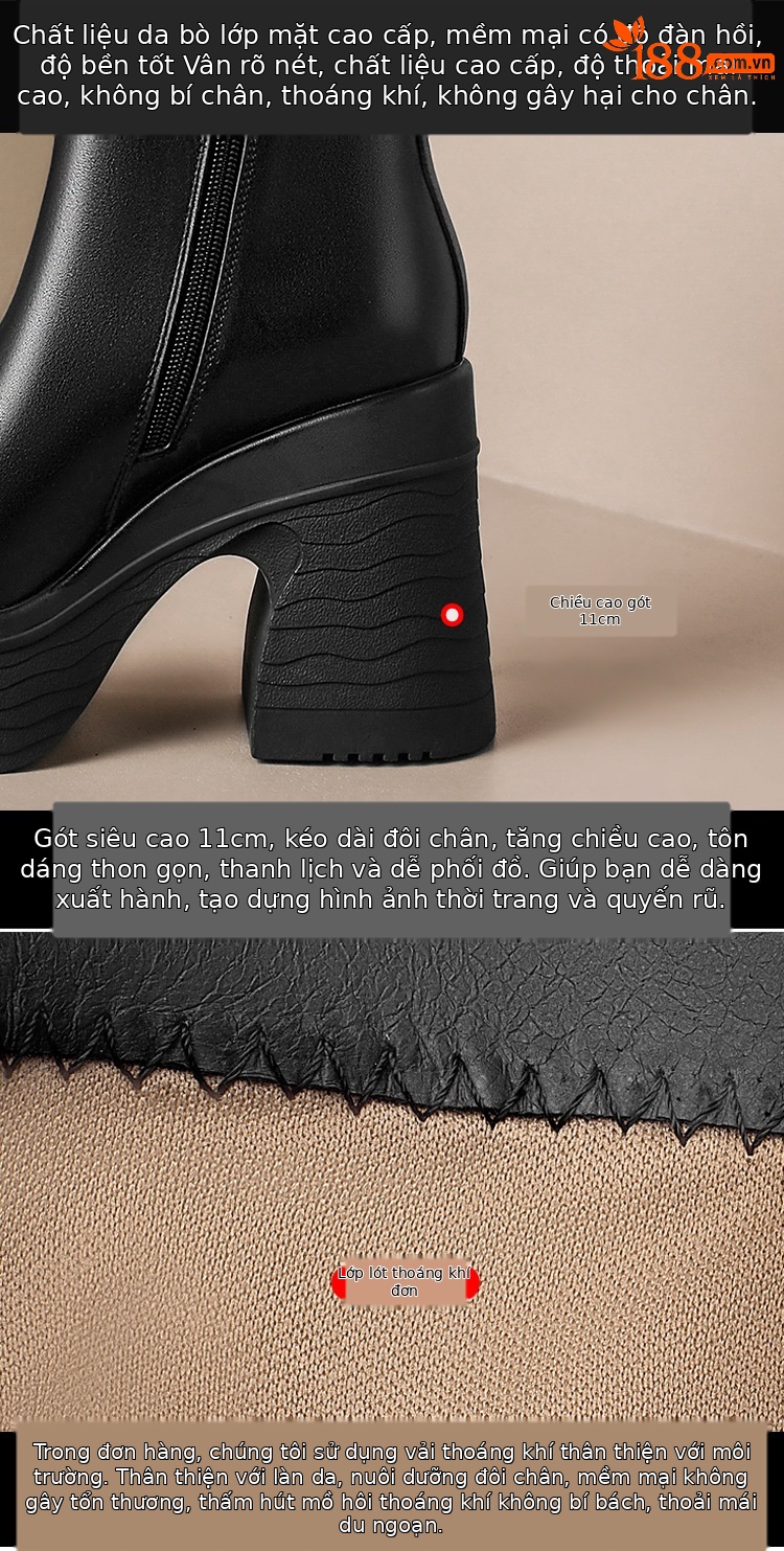 Boot cổ thấp da bò tăng chiều cao đế dày mũi vuông gót vuông nữ — Lớp lót đơn màu be, nhung đen, Lớp lót nhung màu be, Màu đen một lớp chi tiết 3