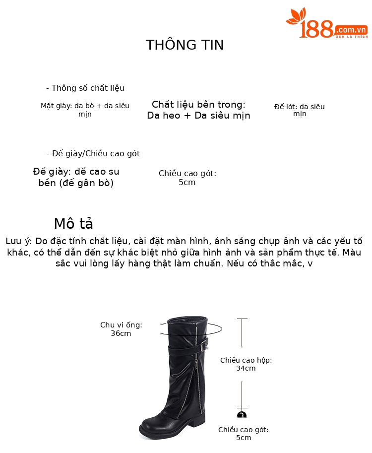 Boot nữ cổ cao ôm bắp chân da thật mũi tròn gót vuông Chunky khóa thắt lưng — màu đen, nâu đậm chi tiết 4
