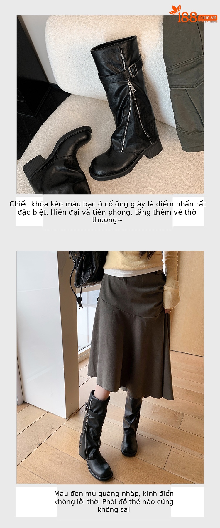 Boot nữ cổ cao ôm bắp chân da thật mũi tròn gót vuông Chunky khóa thắt lưng — màu đen, nâu đậm chi tiết 7