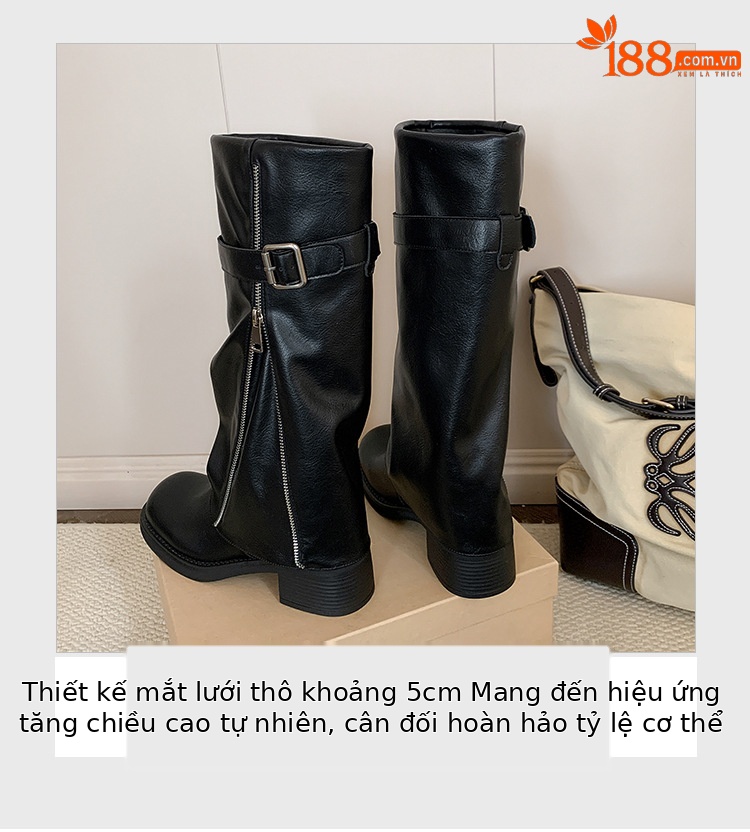 Boot nữ cổ cao ôm bắp chân da thật mũi tròn gót vuông Chunky khóa thắt lưng — màu đen, nâu đậm chi tiết 8