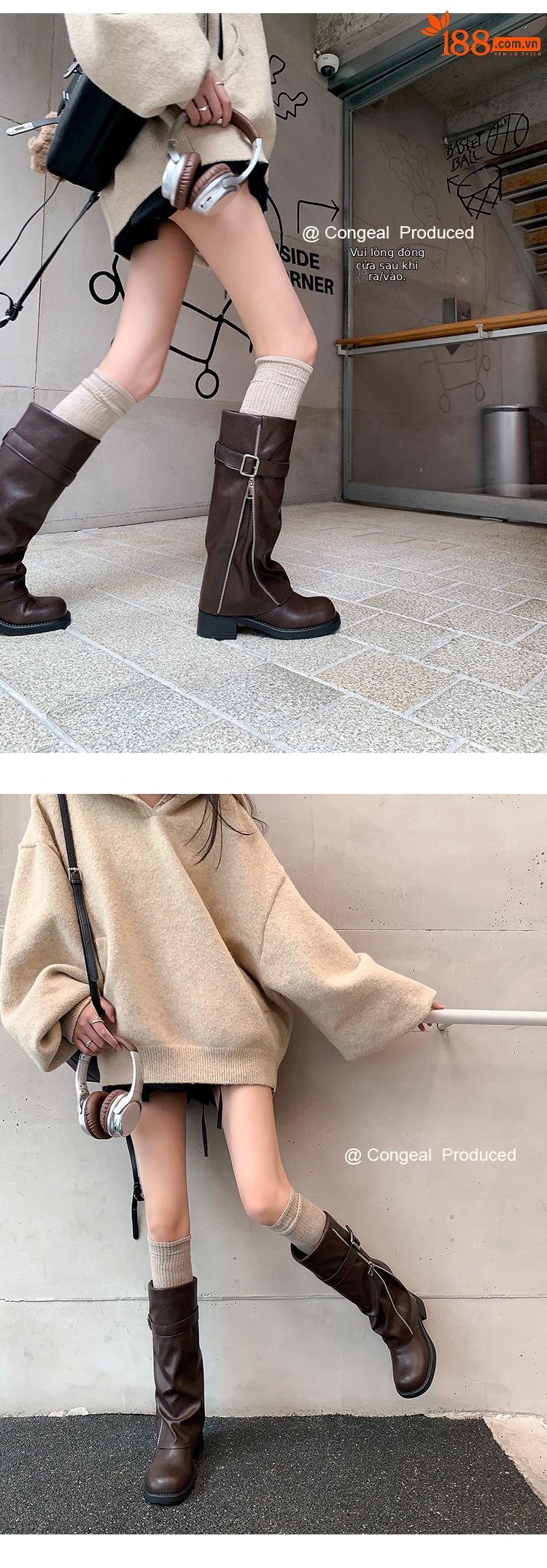 Boot nữ cổ cao ôm bắp chân da thật mũi tròn gót vuông Chunky khóa thắt lưng — màu đen, nâu đậm chi tiết 11