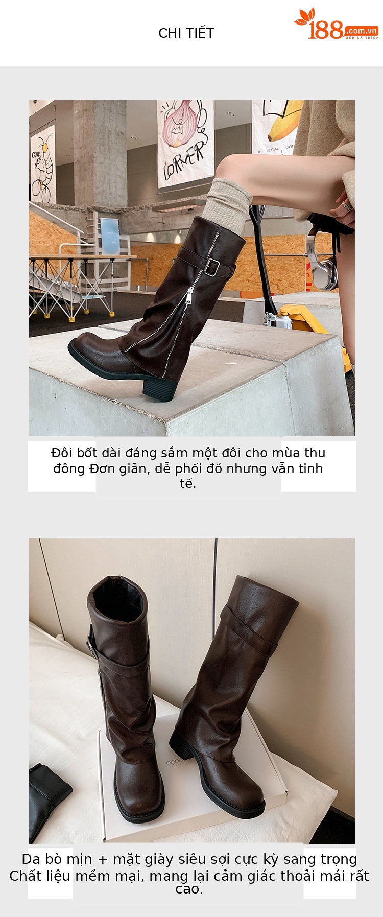 Boot nữ cổ cao ôm bắp chân da thật mũi tròn gót vuông Chunky khóa thắt lưng — màu đen, nâu đậm chi tiết 6