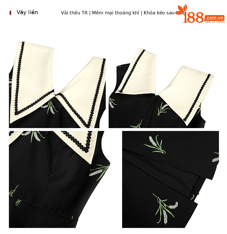 Đầm ôm body nữ cổ búp bê kiểu Pháp thêu hoa thanh lịch — màu đen chi tiết 2