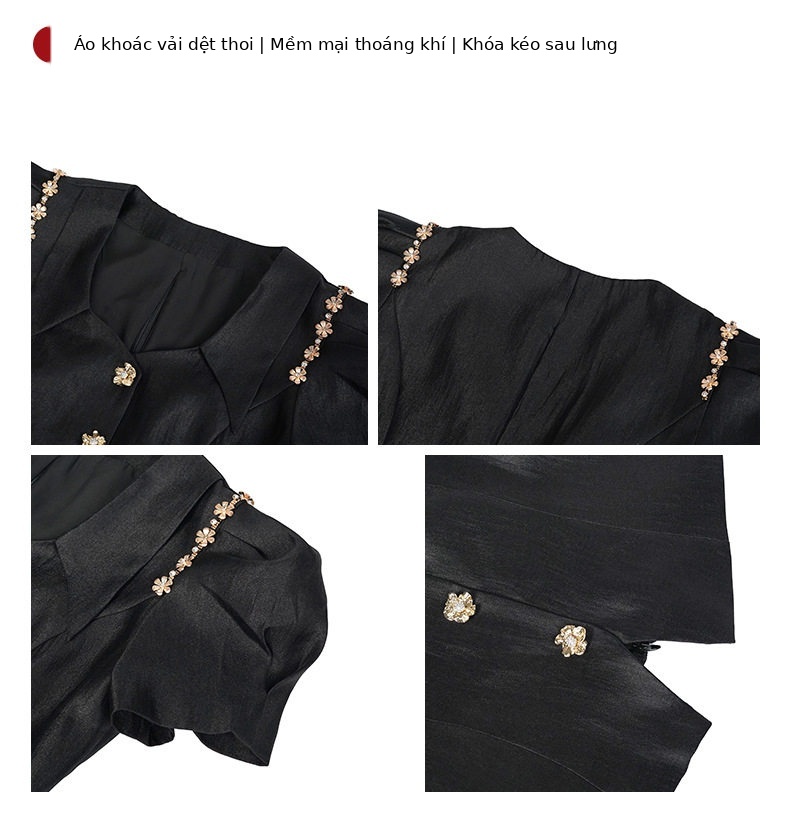 Áo thun nữ cổ V tay bồng phong cách Pháp — [Đen] chi tiết 3