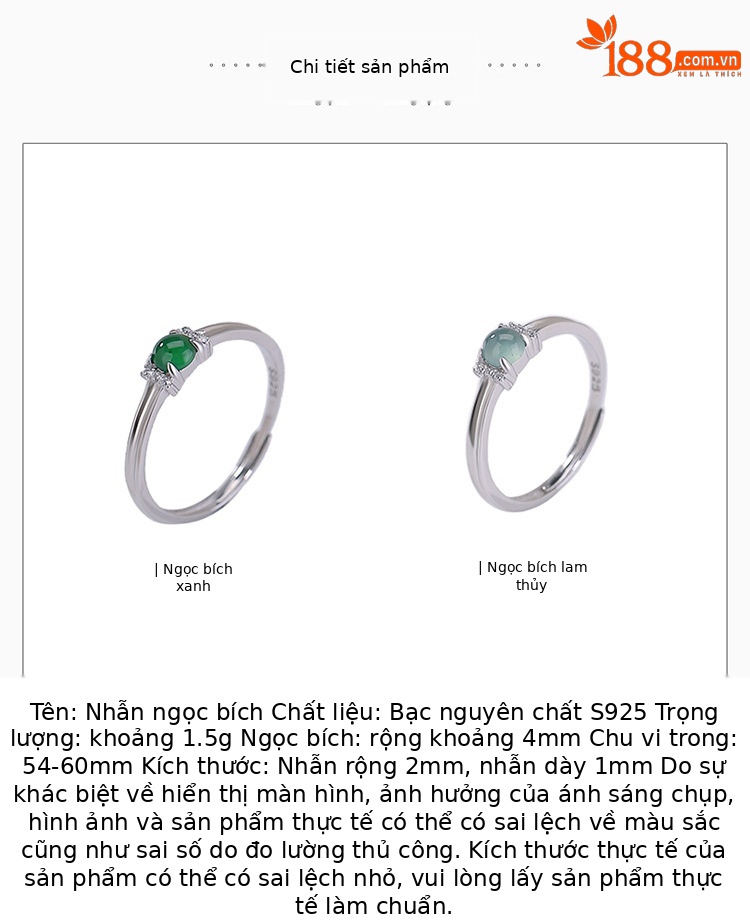 Nhẫn bạc S925 đính đá ngọc nước xanh dạng hạt tròn mở điều chỉnh — Mẫu ngọc nước xanh chi tiết 2