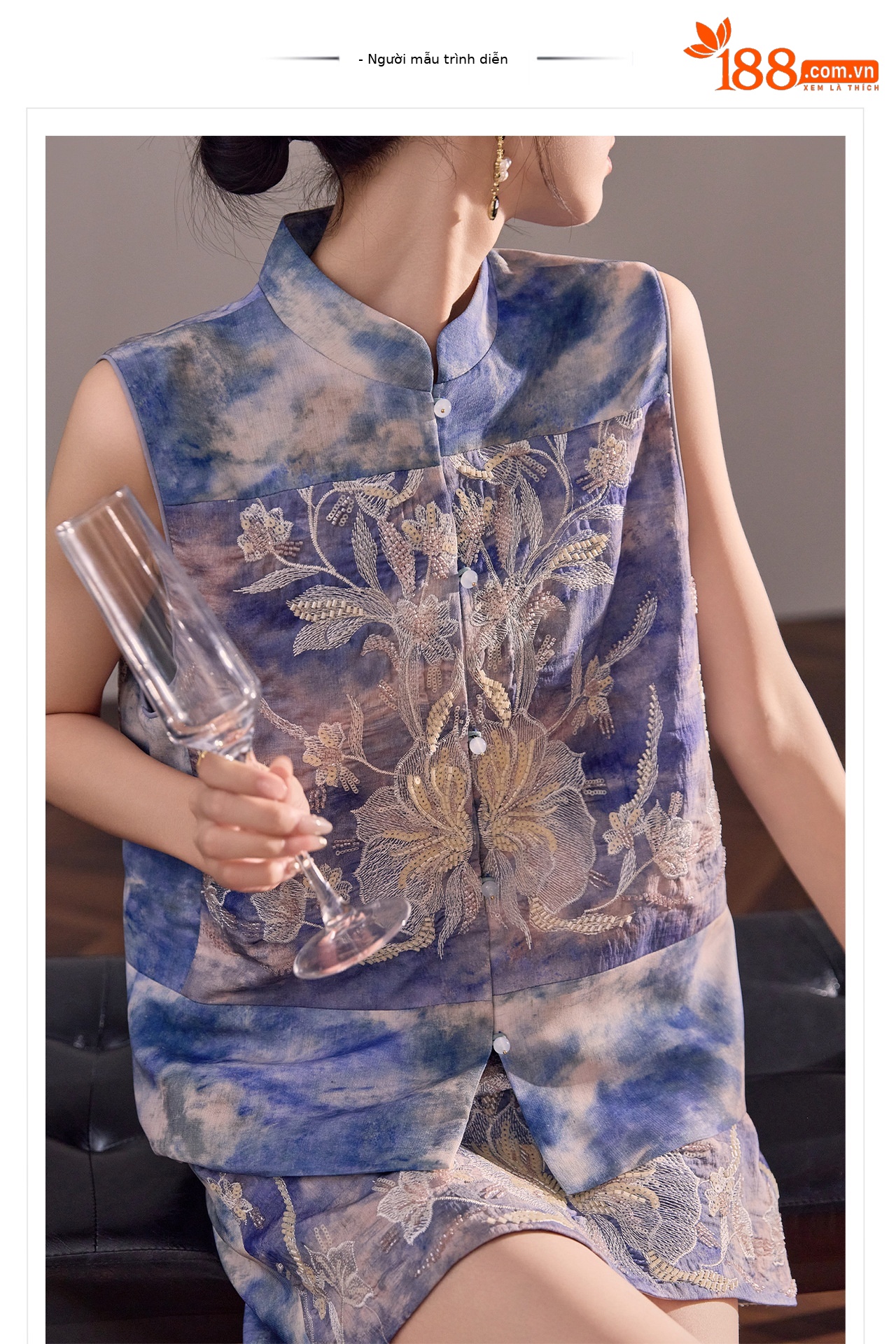 Bộ vest chân váy cổ đứng thêu họa tiết nặng cao cấp mùa hè ZX N6005 — áo vest màu vàng, váy màu vàng, váy xanh chi tiết 1