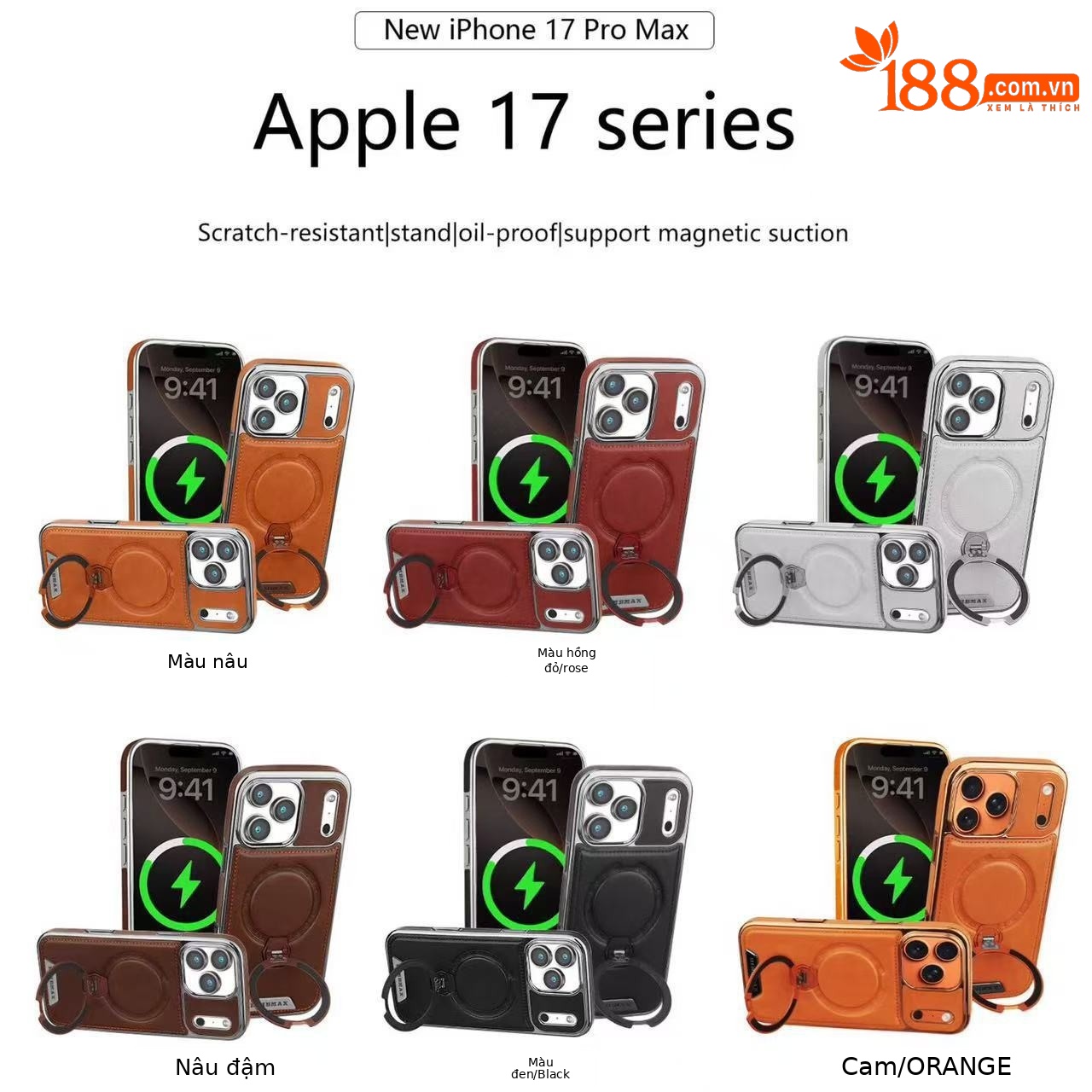 Ốp lưng iPhone 17 Pro Max da vân cao cấp xoay nam châm chống sốc — màu đen, màu nâu thanh lịch, màu nâu mocha, xám