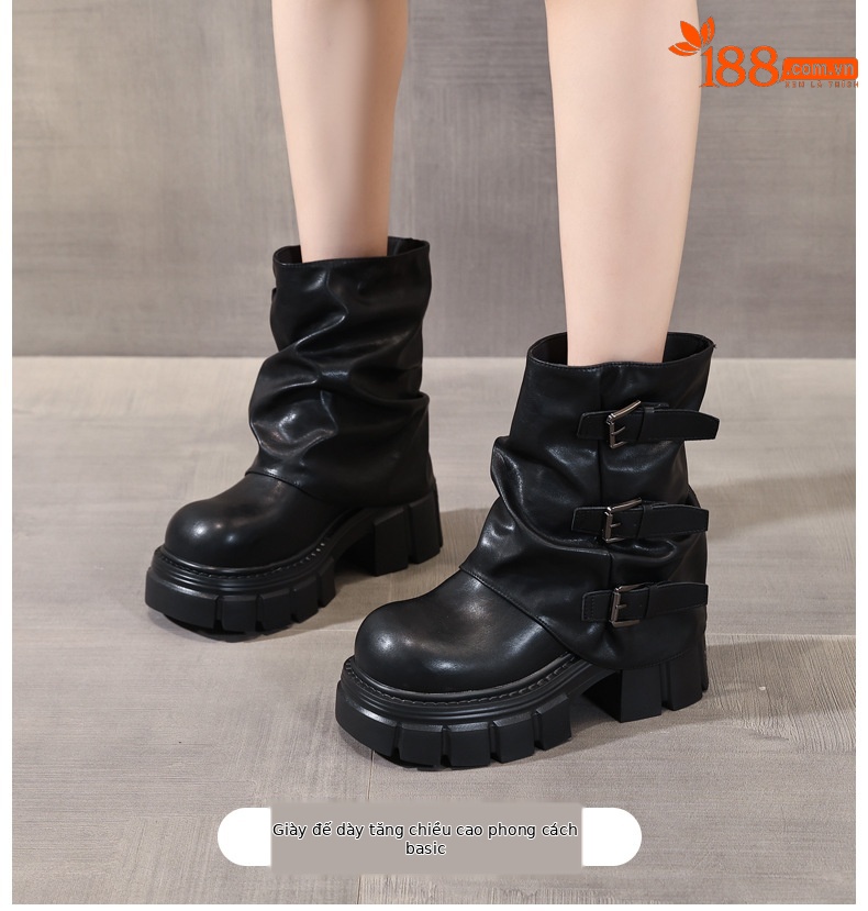 Boot nữ cổ ngắn đế dày tăng chiều cao gót 9 cm phong cách retro — nhung đen chi tiết 1
