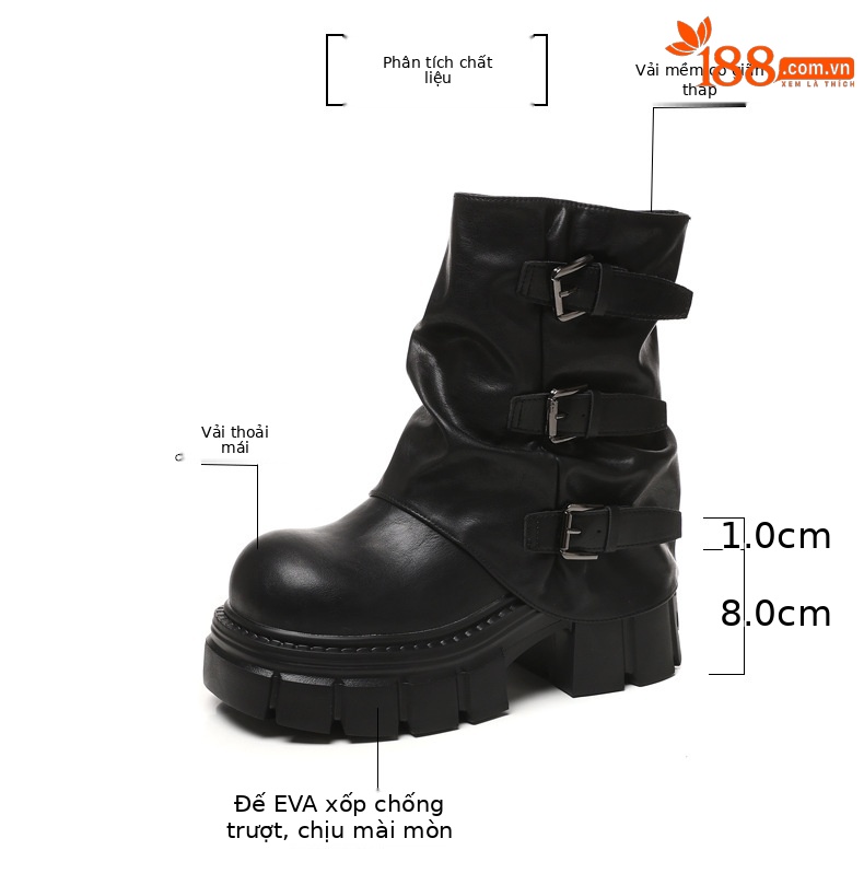 Boot nữ cổ ngắn đế dày tăng chiều cao gót 9 cm phong cách retro — nhung đen chi tiết 2
