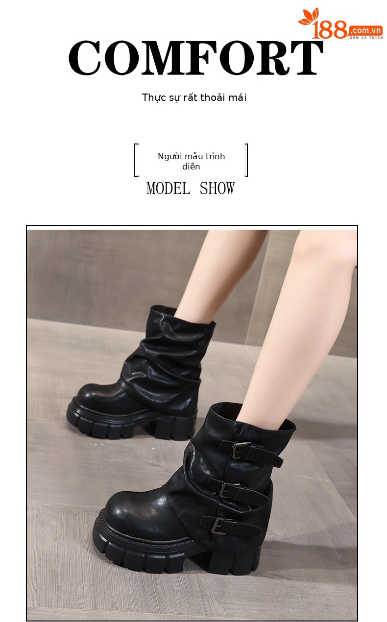 Boot nữ cổ ngắn đế dày tăng chiều cao gót 9 cm phong cách retro — nhung đen chi tiết 5