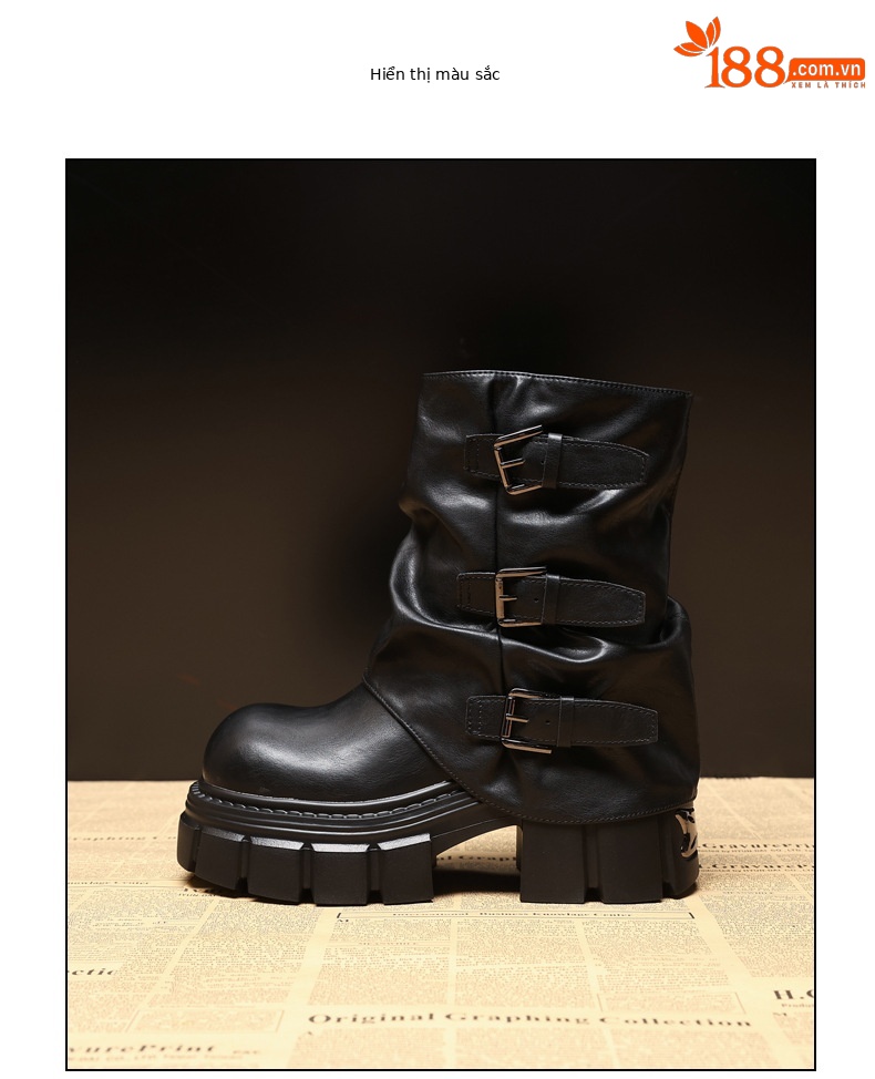 Boot nữ cổ ngắn đế dày tăng chiều cao gót 9 cm phong cách retro — nhung đen chi tiết 8