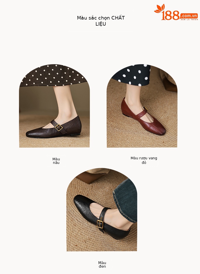 Giày Mary Jane nữ quai ngang miệng nông da mềm đế xuồng — màu nâu chi tiết 6