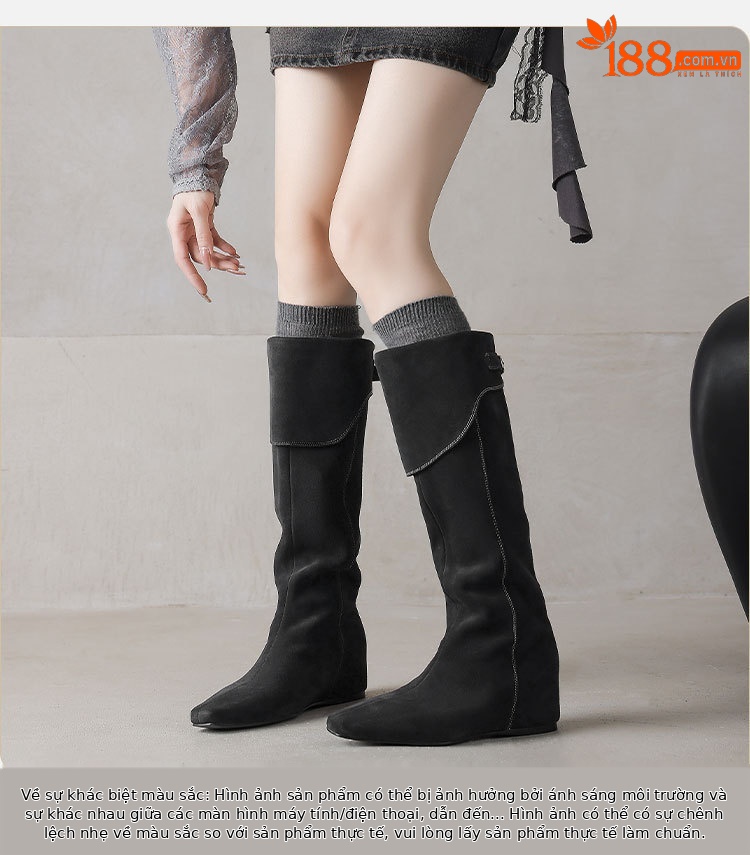 Boot nữ cổ cao da mờ phong cách Wasteland, đế xuồng tăng chiều cao, mùa thu đông — Màu nâu, xanh xám chi tiết 8