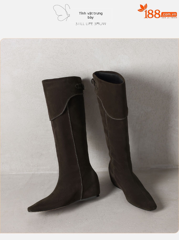 Boot nữ cổ cao da mờ phong cách Wasteland, đế xuồng tăng chiều cao, mùa thu đông — Màu nâu, xanh xám chi tiết 9