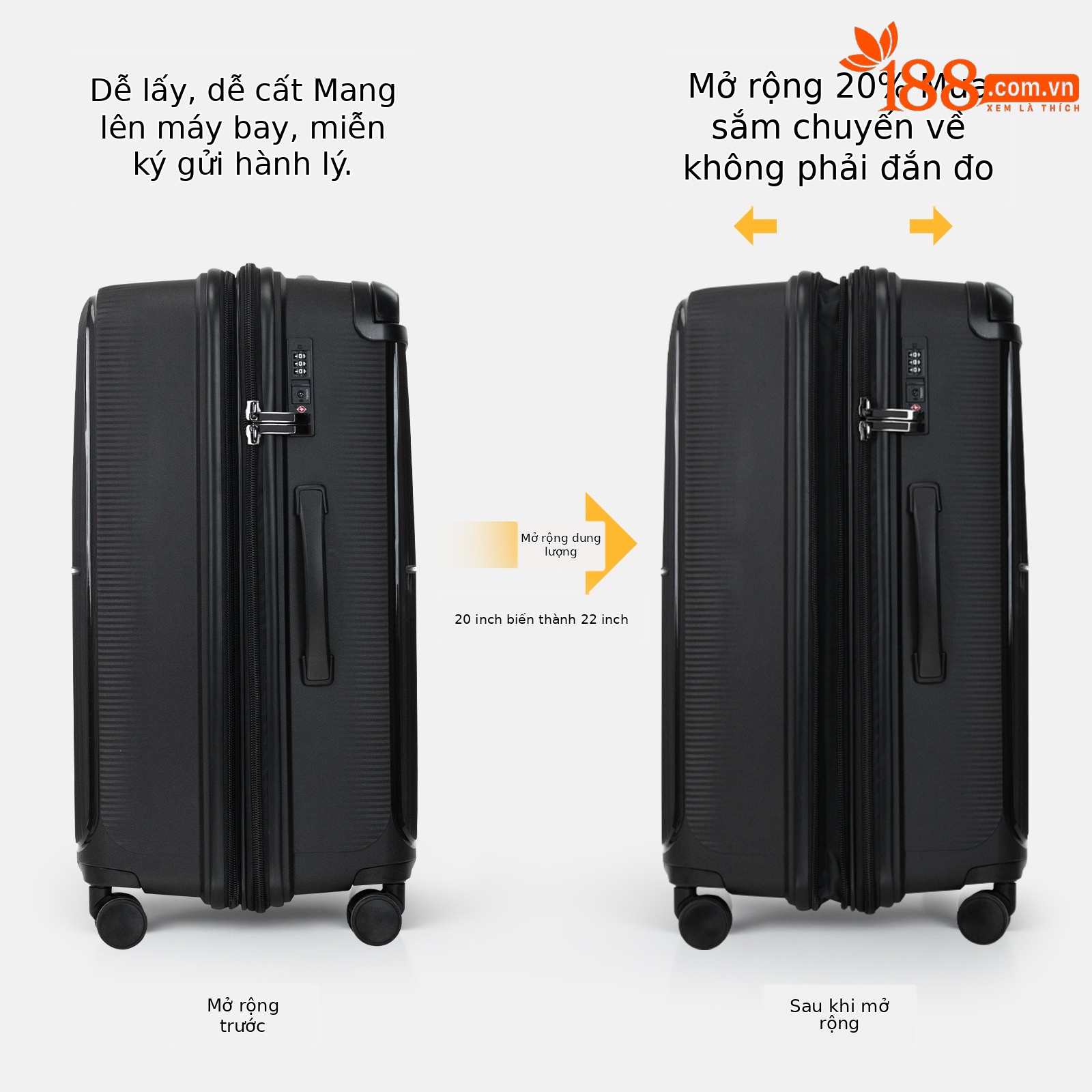 Bộ vali kéo PP ba chiếc 20/24/28 inch nhẹ bền, mở rộng dung tích — màu đen, xám