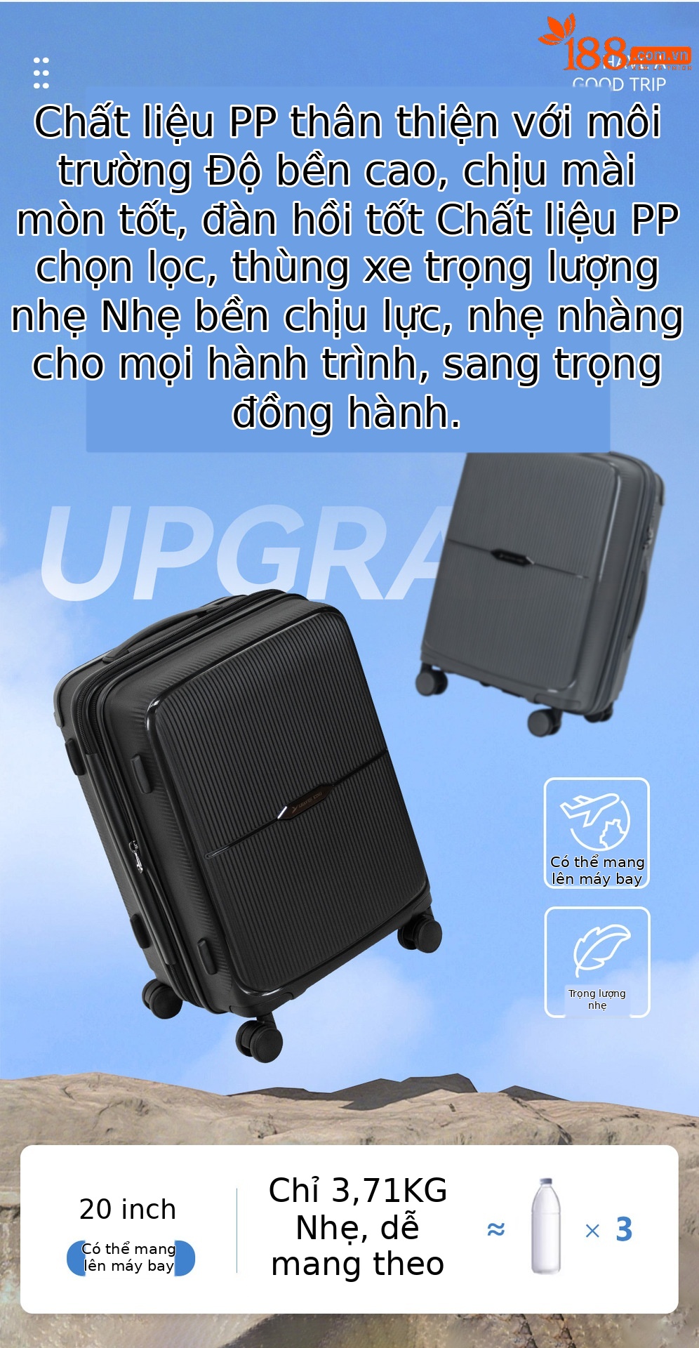 Bộ vali kéo PP ba chiếc 20/24/28 inch nhẹ bền, mở rộng dung tích — màu đen, xám chi tiết 6