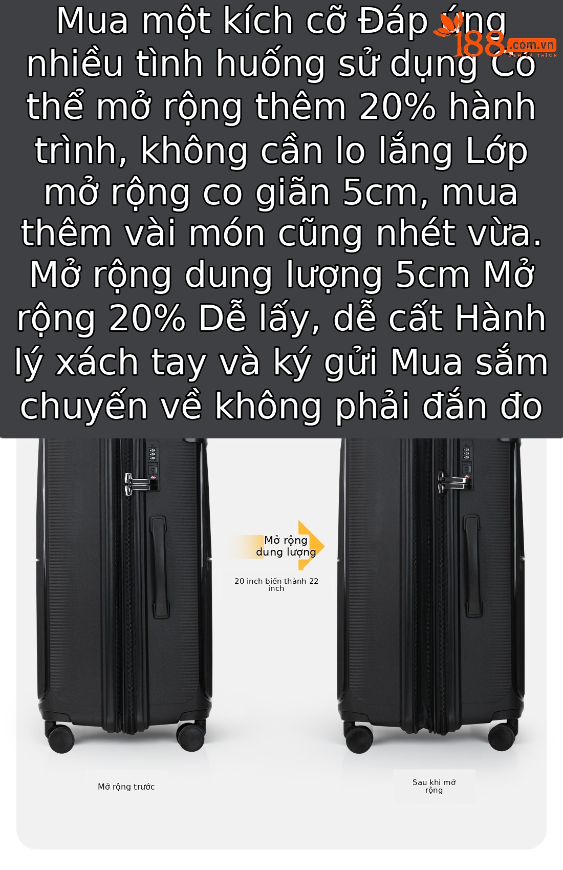 Bộ vali kéo PP ba chiếc 20/24/28 inch nhẹ bền, mở rộng dung tích — màu đen, xám chi tiết 10