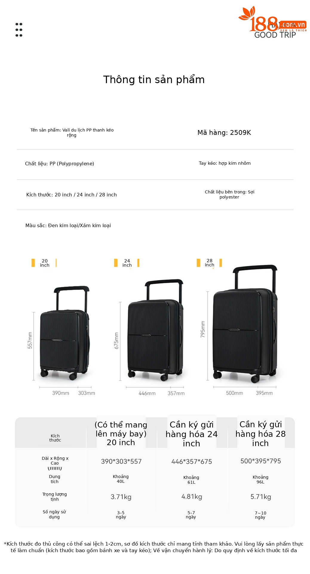 Bộ vali kéo PP ba chiếc 20/24/28 inch nhẹ bền, mở rộng dung tích — màu đen, xám chi tiết 11