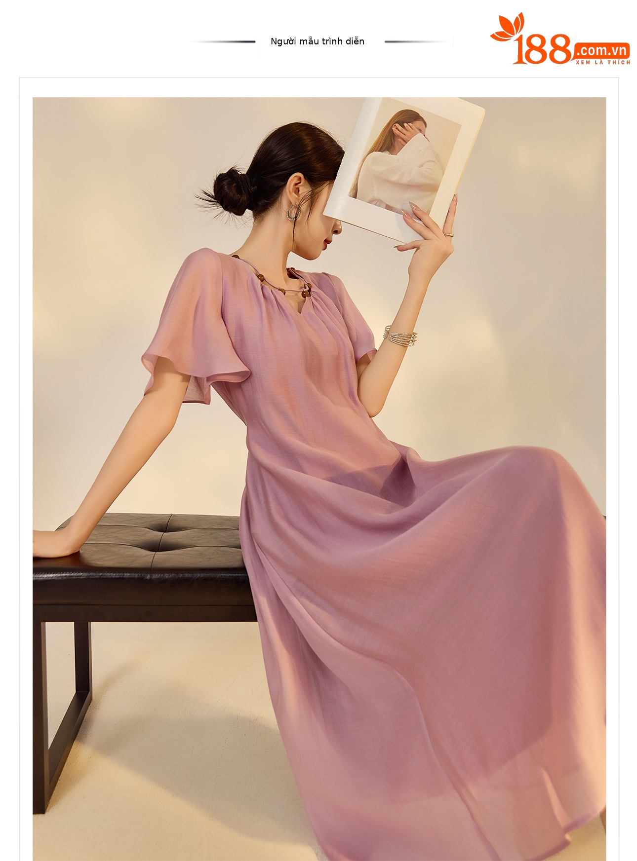 Đầm maxi nữ thắt eo tay lá sen chất Tencel phong cách dân tộc — Taro màu tím chi tiết 1