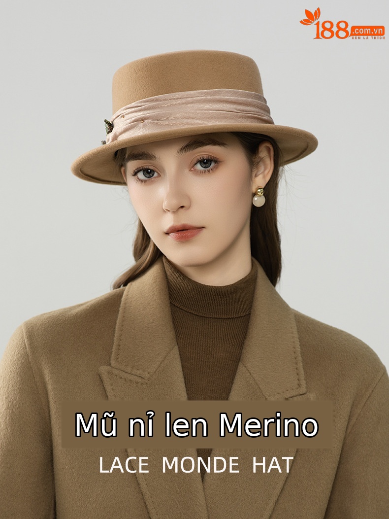 Mũ len beanie nữ phối satin hoa Pháp, phong cách thu đông — màu be chi tiết 1