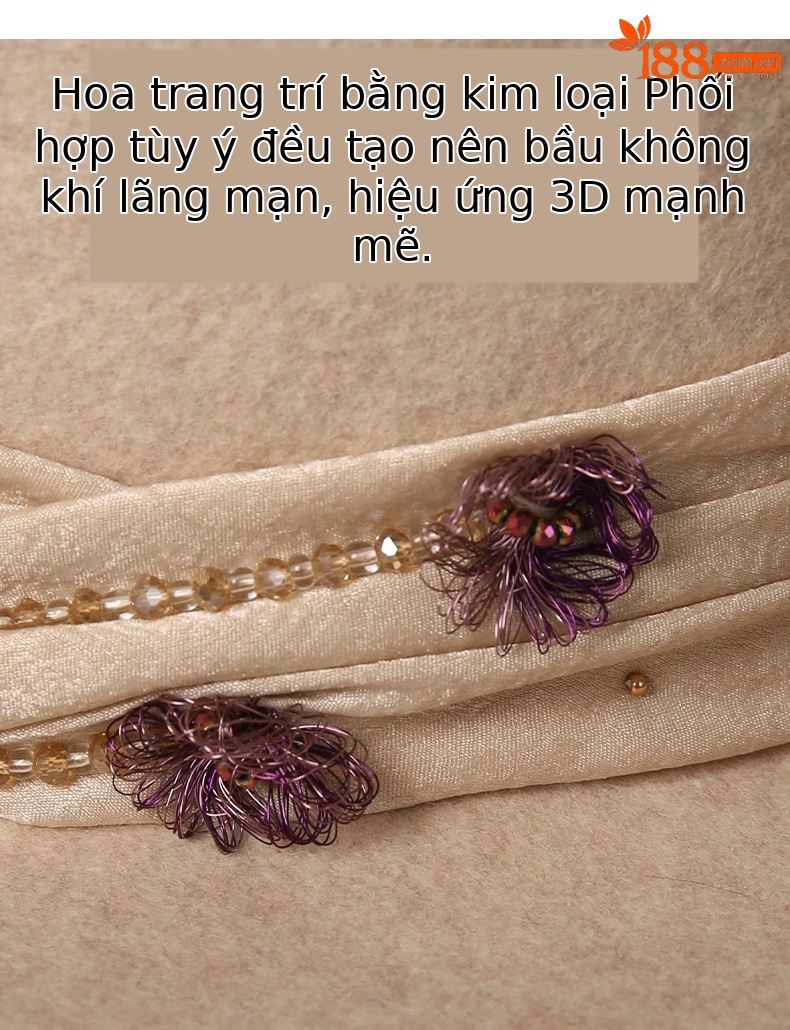 Mũ len beanie nữ phối satin hoa Pháp, phong cách thu đông — màu be chi tiết 3