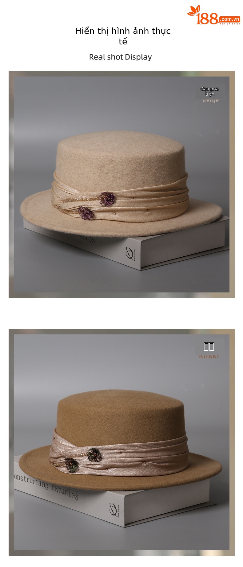 Mũ len beanie nữ phối satin hoa Pháp, phong cách thu đông — màu be chi tiết 8