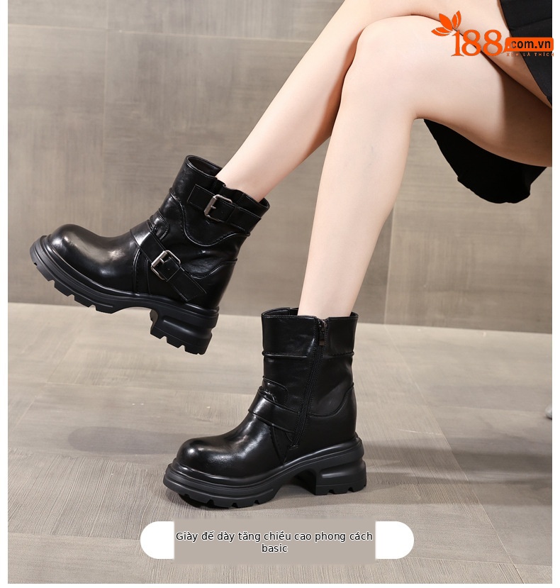 Giày boot Martin nữ đế dày tăng chiều cao khóa cài nhỏ kiểu Anh — màu đen chi tiết 1