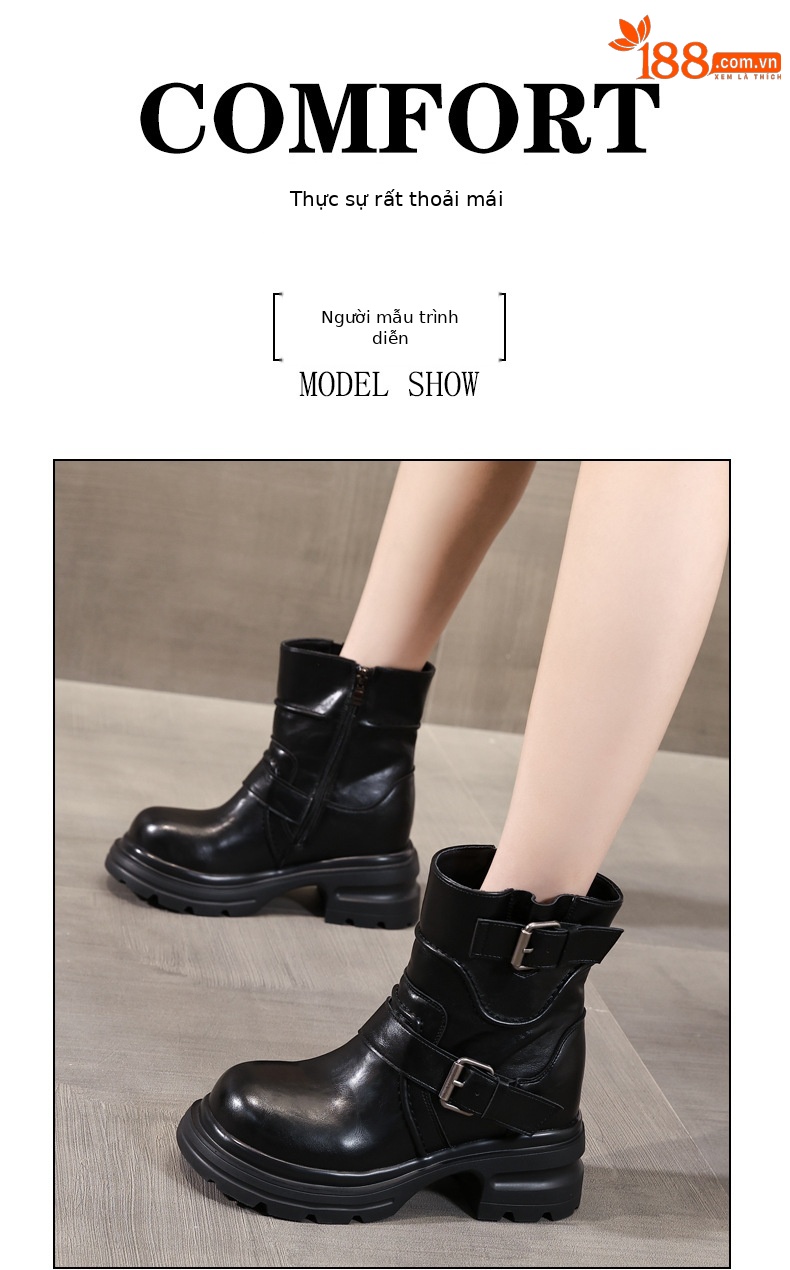 Giày boot Martin nữ đế dày tăng chiều cao khóa cài nhỏ kiểu Anh — màu đen chi tiết 7