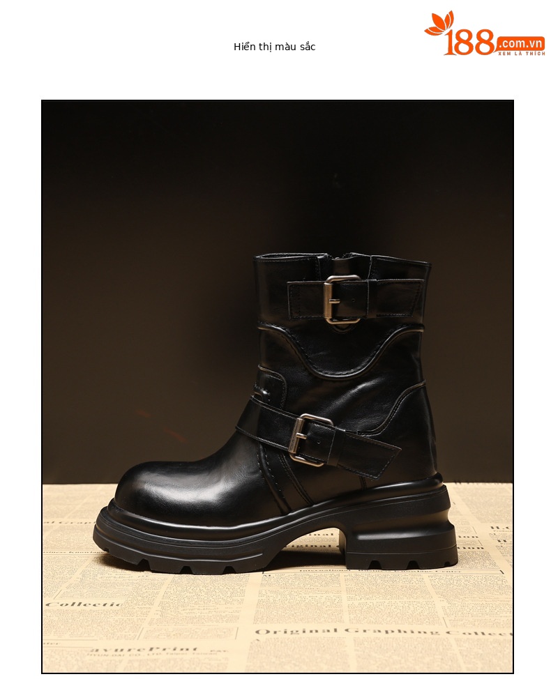 Giày boot Martin nữ đế dày tăng chiều cao khóa cài nhỏ kiểu Anh — màu đen chi tiết 10