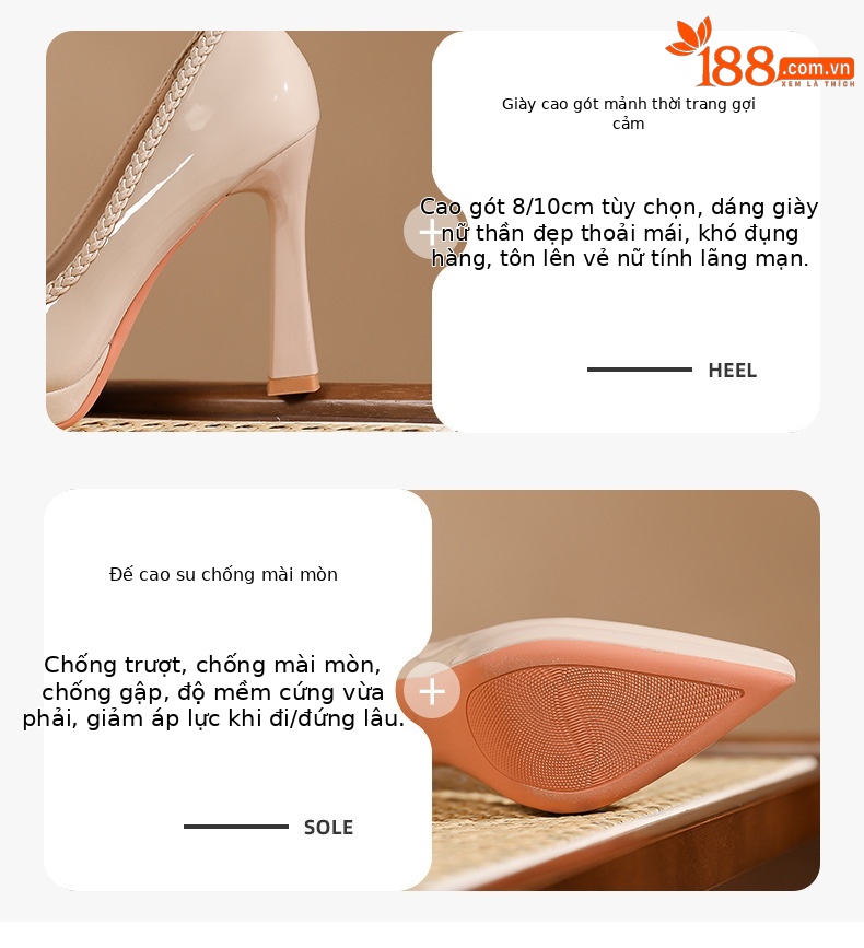 Giày cao gót mũi nhọn nữ gót 10 cm, đế bệt chống nước, màu nude — Màu nude - 10CM chi tiết 2