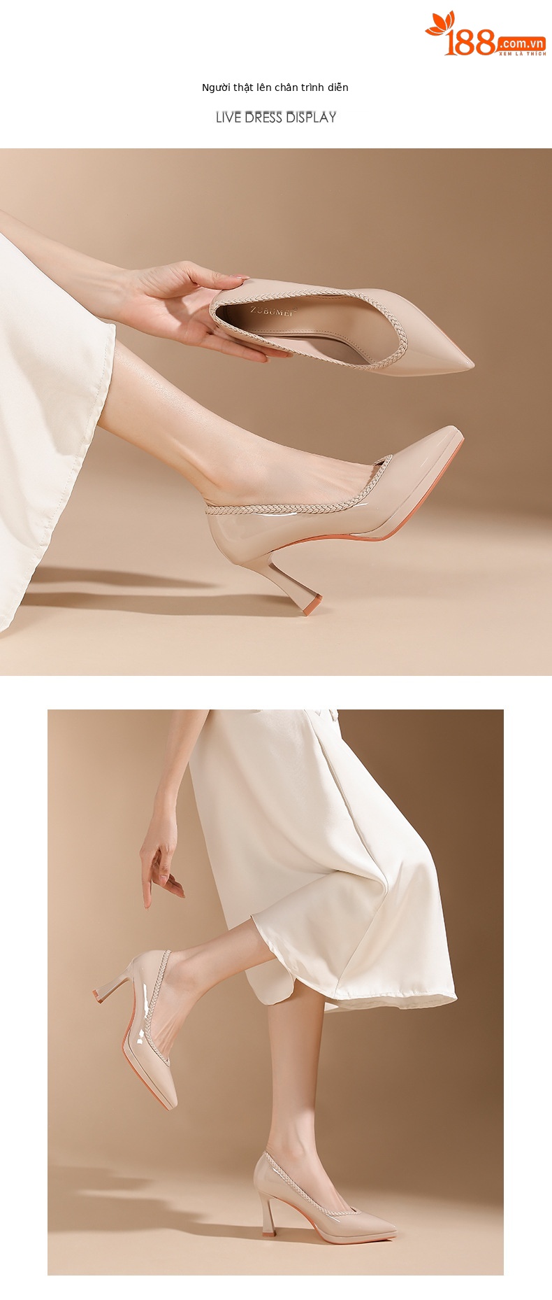 Giày cao gót mũi nhọn nữ gót 10 cm, đế bệt chống nước, màu nude — Màu nude - 10CM chi tiết 3