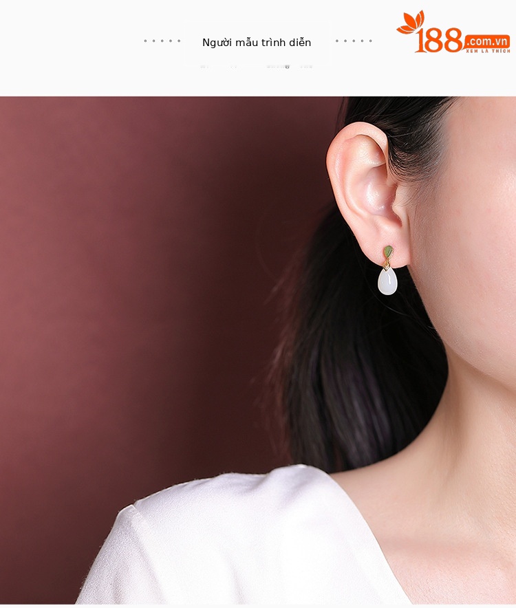 Bông tai bạc S925 đính ngọc bích trắng và hổ phách hình giọt nước phong cách Trung Hoa — Mô hình sáp ong chi tiết 5
