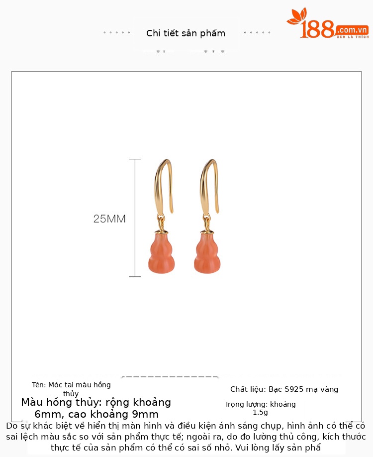 Bông tai bạc S925 mạ vàng đính mã não đỏ phong cách Trung Hoa — một cặp chi tiết 2